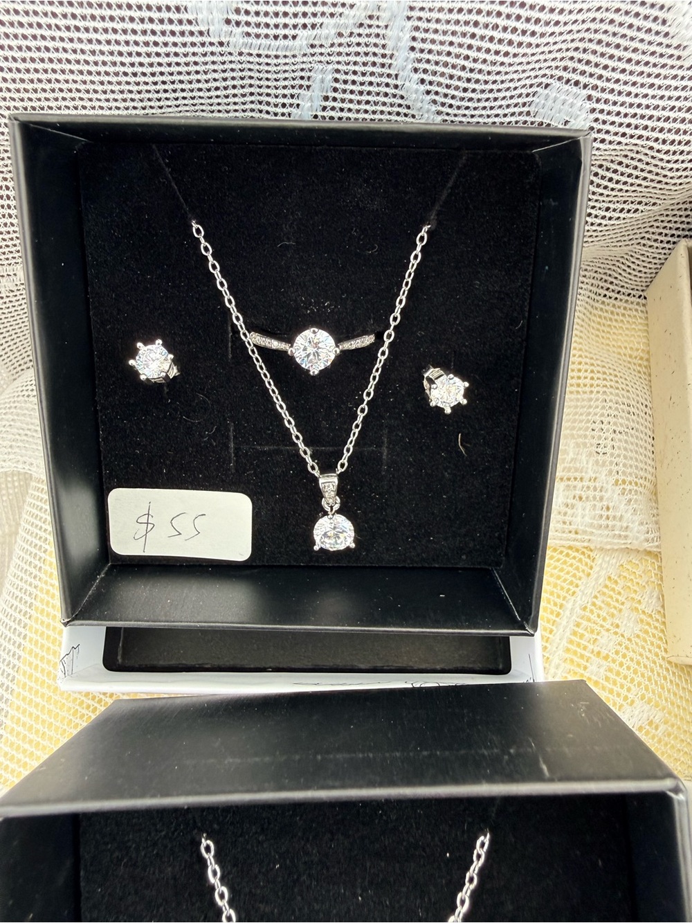Sterling Silver White Cubic Zirconia Necklace, Ring & Stud Earring Set